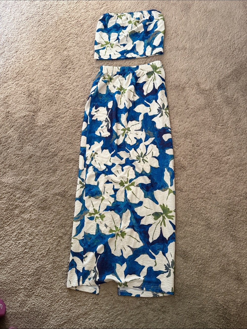 Blue & White Floral Two-Piece Tube Top and Maxi Skirt Set